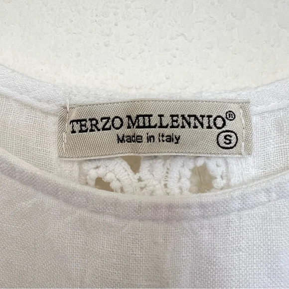 Terzo Millennio Italian Linen White Top Crochet Back Size Small - Picture 3 of 11